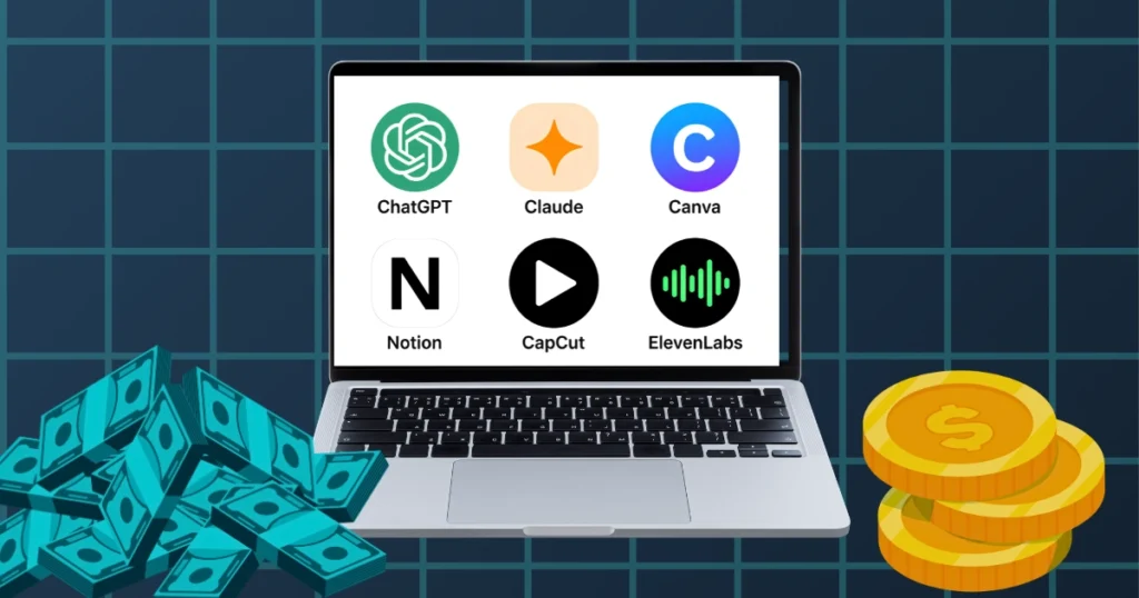 Laptop screen showing Free ai tools for beginners to make money in 2026