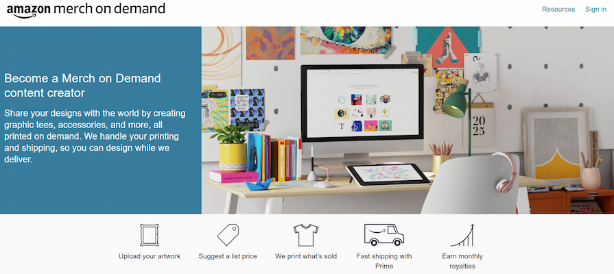 Amazon Merch on Demand homepage for print-on-demand