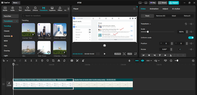 Capcut ai video editing software for beginners showing the timeline and transitions panel