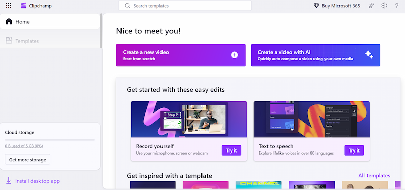 Clipchamp dashboard with templates and AI video creation, a beginner-friendly editing tool for 2026