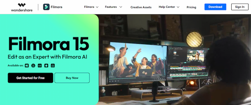 Wondershare Filmora homepage showcasing its AI editing tools for beginners