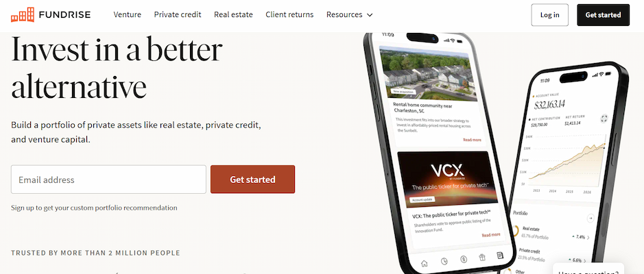 Fundrise homepage for real estate investing