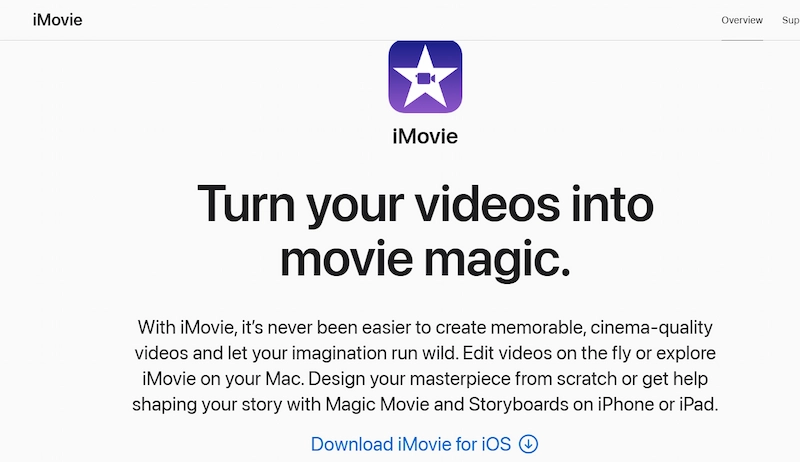 iMovie overview page, Apple's built-in video editing software for Mac and iOS