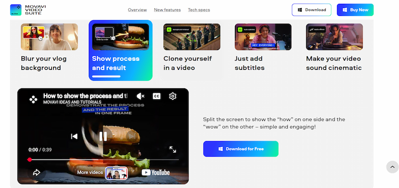 Movavi Video Suite features page showing beginner-friendly tools like subtitles and background blur