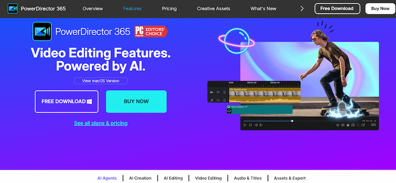 PowerDirector video editor homepage highlighting AI-powered video editing for pc