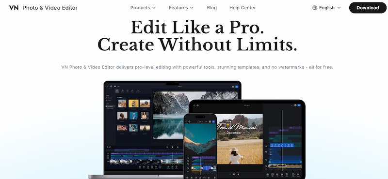 VN Photo and Video Editor homepage, the best mobile video editor free option for beginners