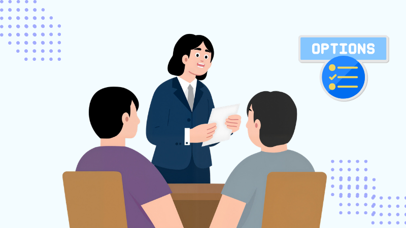 Advisor presenting options to two people — alternative careers for experienced teachers