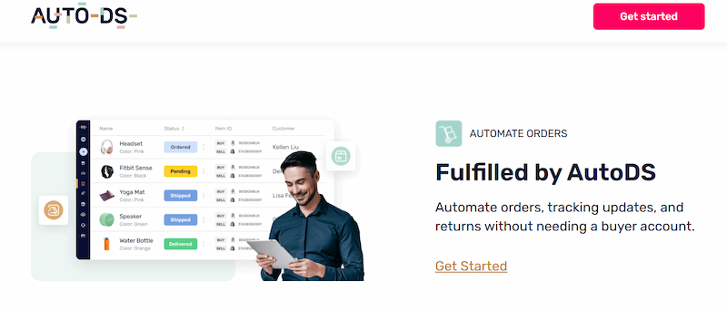 AutoDS dashboard showing automated order and tracking status, an AI tool for dropshipping order management