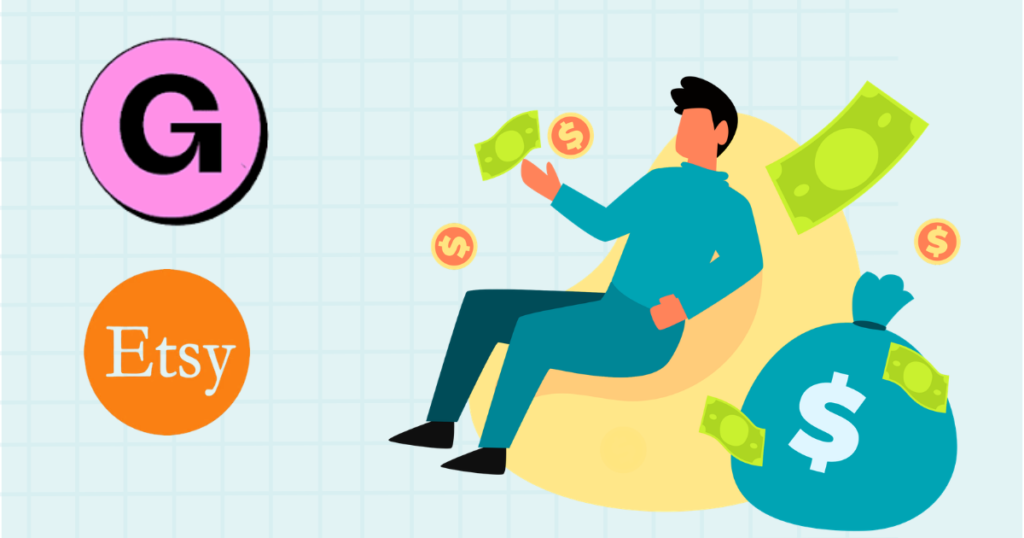 Illustration of a person surrounded by cash next to the Etsy and Gumroad logos, representing digital product ideas that actually sell in 2026