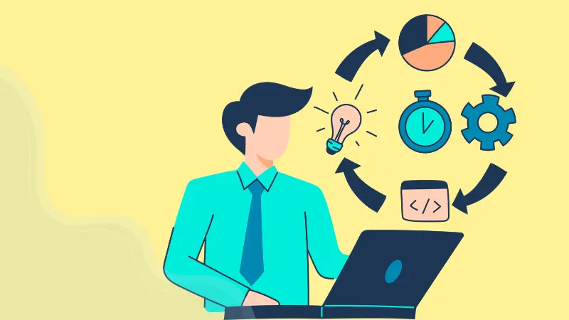 Man at laptop with workflow icons — jobs similar to teaching