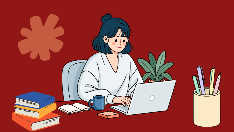 Woman working at a laptop with books — alternative careers for ex teachers