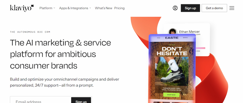 Klaviyo homepage for its AI marketing and service platform, an AI tool for ecommerce email campaigns