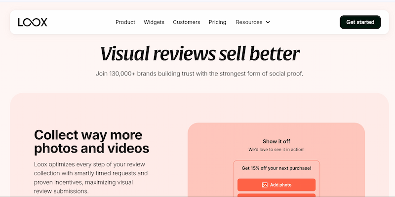 Loox homepage showing visual product review widgets, an AI review app for small ecommerce stores