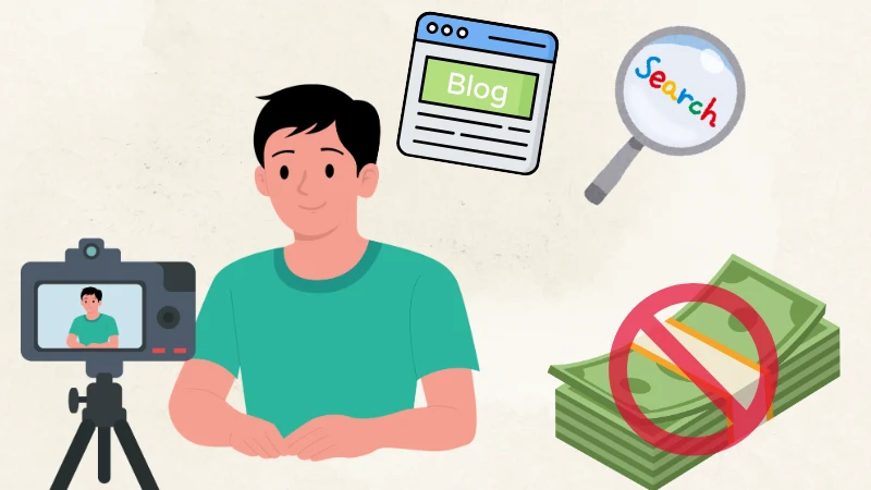 Man with a camera and blog icon representing no cost business ideas like tutoring and blogging
