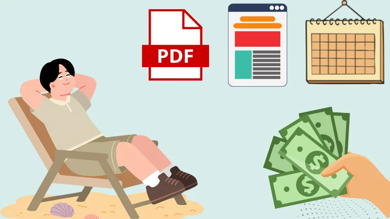 A person relaxing on a beach chair next to a PDF, webpage, and calendar icon with cash, representing PLR and resell-rights digital products