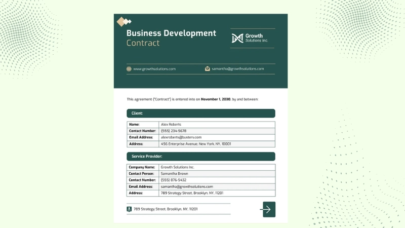 A business development contract template with client and service provider fields, representing business form templates as a digital product idea