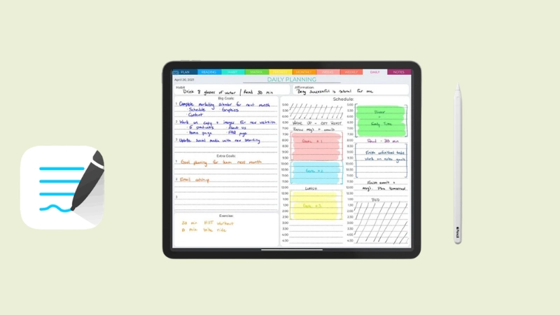 An iPad showing a digital planner layout with an Apple Pencil, representing digital planners built for GoodNotes