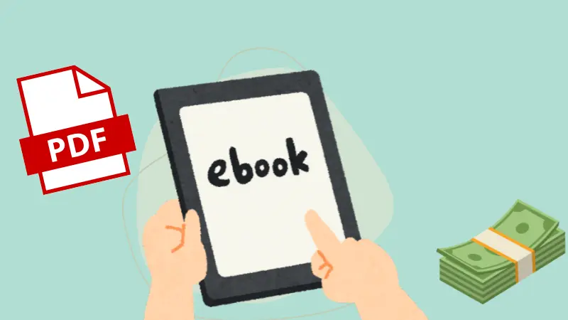 Hands holding a tablet showing an ebook next to a PDF icon and cash, representing selling ebooks as a digital product