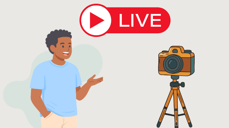 Person going live on camera with a tripod setup, representing paid live workshops as a digital product idea