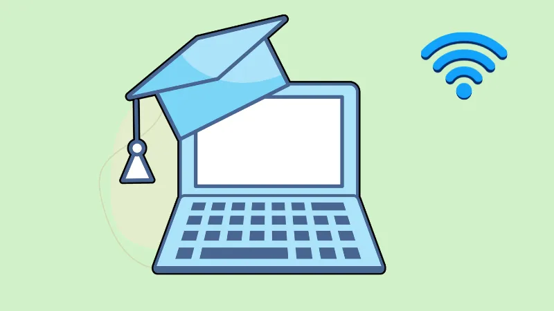 Laptop with a graduation cap and wifi icon, representing creating and selling an online course
