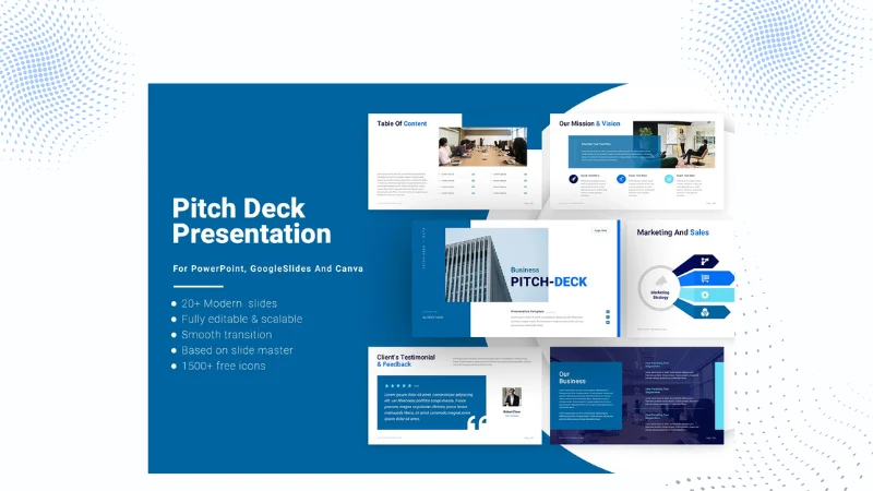 A pitch deck presentation template mockup for PowerPoint, Google Slides, and Canva, representing presentation templates as a digital product
