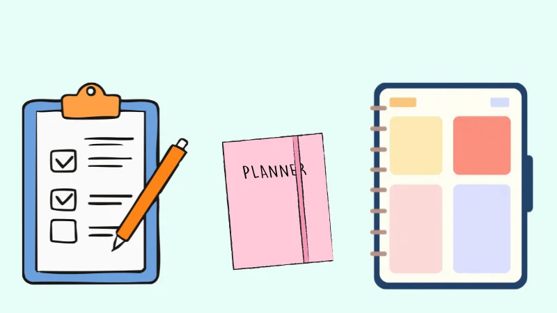 A checklist, a planner notebook, and a planner cover, representing printable digital products like planners and checklists