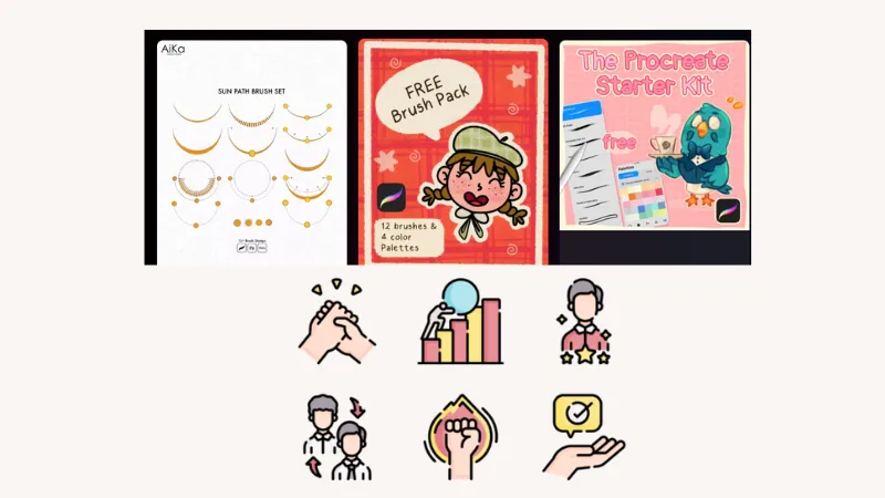 Procreate brush pack and starter kit previews with design-related icons, representing fonts and design assets as a digital product
