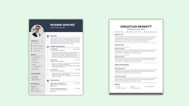 Two resume template designs side by side, representing resume templates as a digital product