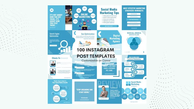 A grid of 100 Instagram post templates customizable in Canva, representing social media templates as a digital product