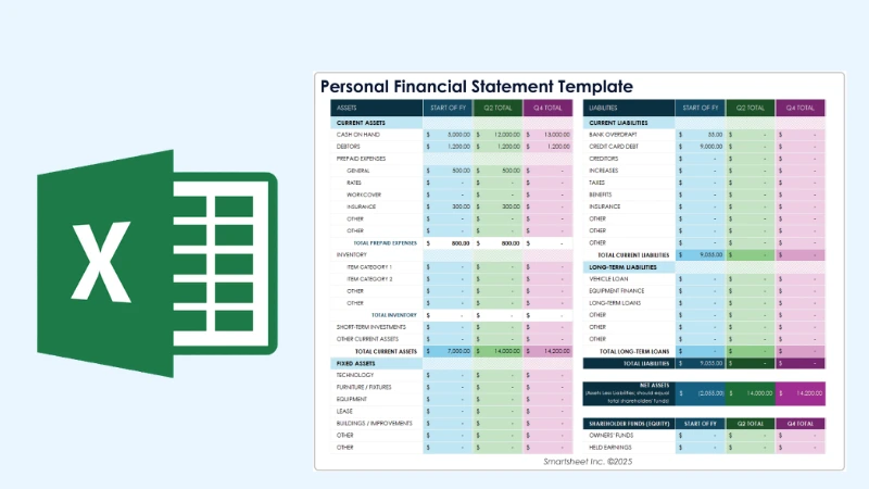 An Excel icon next to a personal financial statement spreadsheet template, representing spreadsheet tools as a digital product