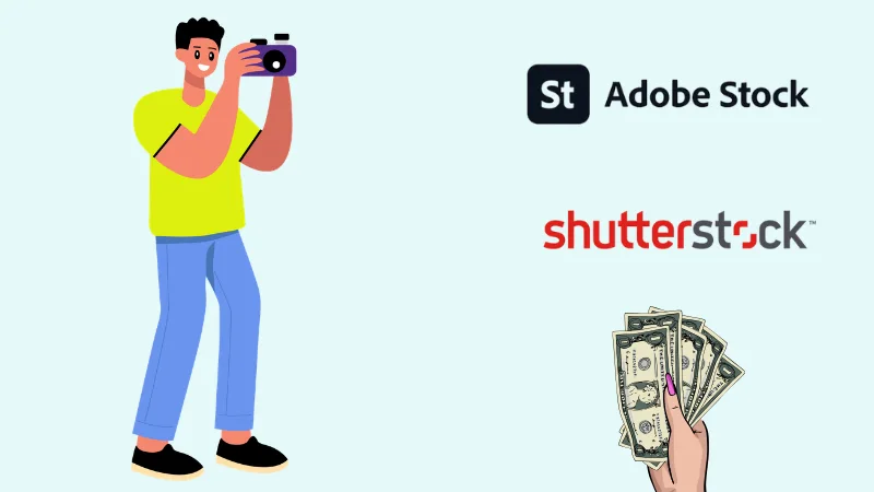 Photographer holding a camera next to Adobe Stock and Shutterstock logos and cash, representing selling stock photos and video