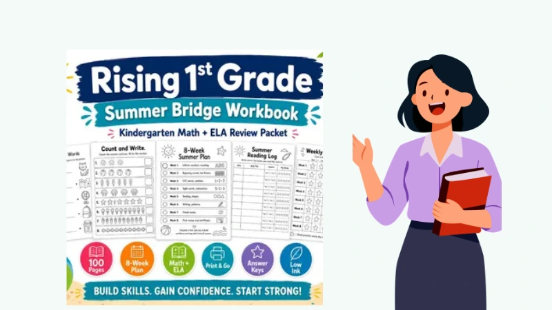 A "Rising 1st Grade Summer Bridge Workbook" cover next to an illustrated teacher, representing workbooks sold to coaches or teachers