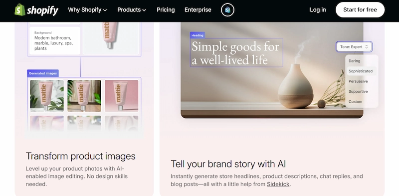 Shopify Magic Studio showing AI product image transformation and AI-generated store headlines and product descriptions, a built-in AI tool for Shopify stores