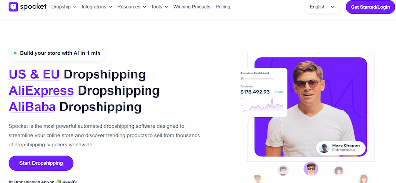 Spocket homepage showing US and EU dropshipping suppliers, an AI dropshipping app built for Shopify stores