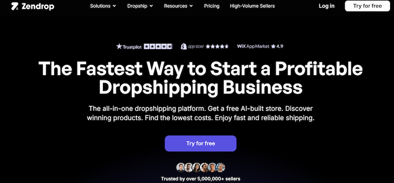 Zendrop homepage advertising a free AI-built store, one of the free AI dropshipping business tools available in 2026