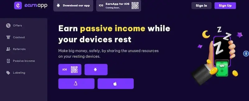 earnapp-best-passive-income-mobile-app EarnApp homepage advertising passive income from unused device resources while devices rest
