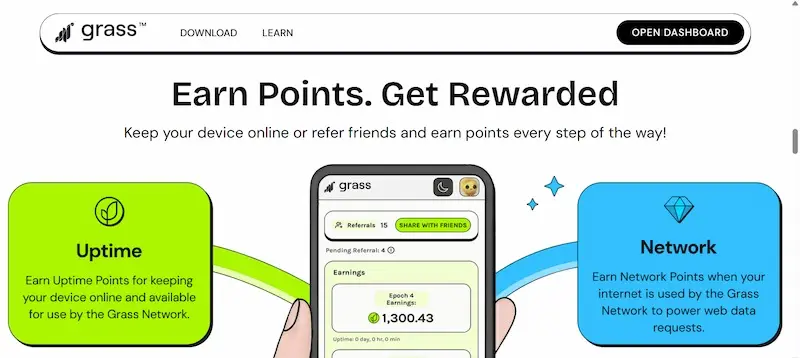 grass-make-money-online-app.webp Grass app dashboard showing points earned for device uptime and referrals
