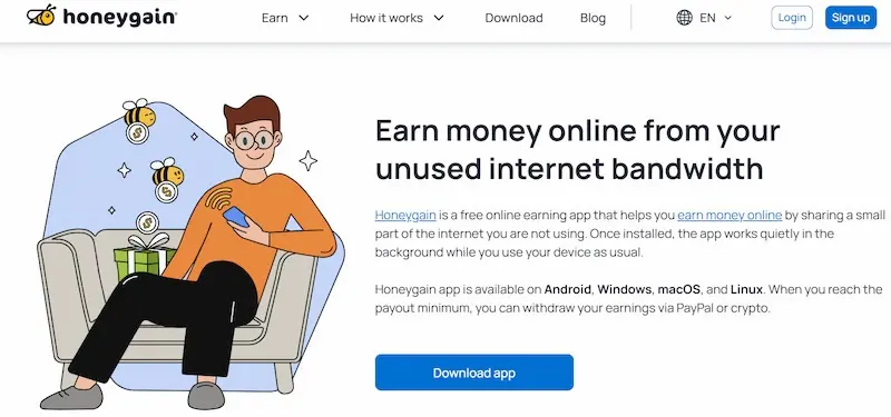 honeygain-passive-income-app.webp Honeygain homepage explaining how to earn money online from unused internet bandwidth, a top pick among the best passive income apps for 2026