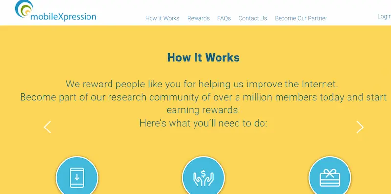 mobilexpression-make-passive-income-from-phone.webp MobileXpression "How It Works" page explaining its research-panel rewards, one of the best passive income apps for phones