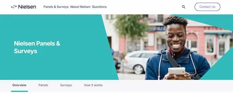 nielsen-money-making-apps-2026 Nielsen Panels and Surveys overview page, a research-panel option among apps to make passive income