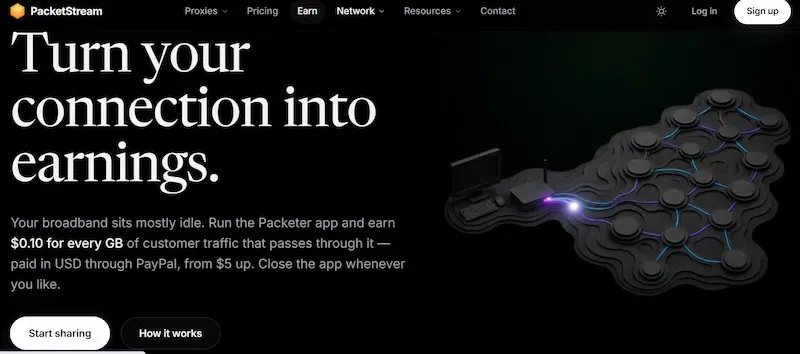 packetstream-mobile-earning-app PacketStream homepage showing bandwidth-sharing payout rates, a popular pick for passive income apps that pay real money