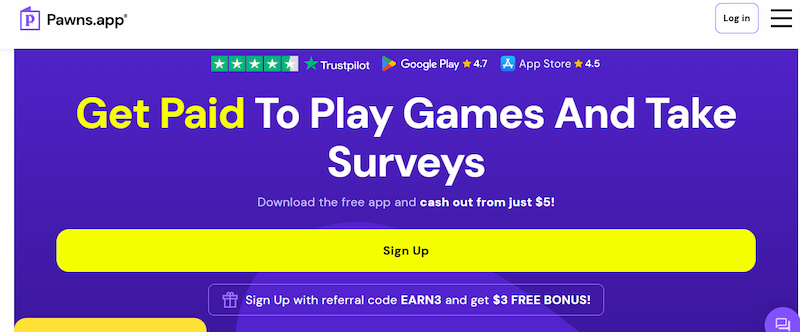 pawns.app-earn-cash-from-mobile.webp Pawns.app homepage advertising paid surveys and games, showing why it counts as a passive income app