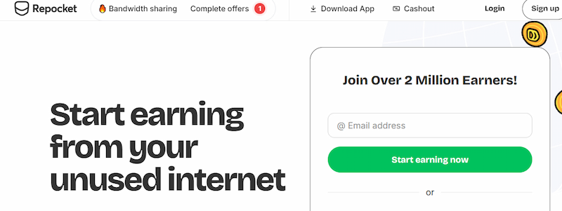 repocket-passive-income-app-cash-unused-internet.webp Repocket homepage showing how to earn cash from unused internet, one of the best passive income apps for bandwidth sharing